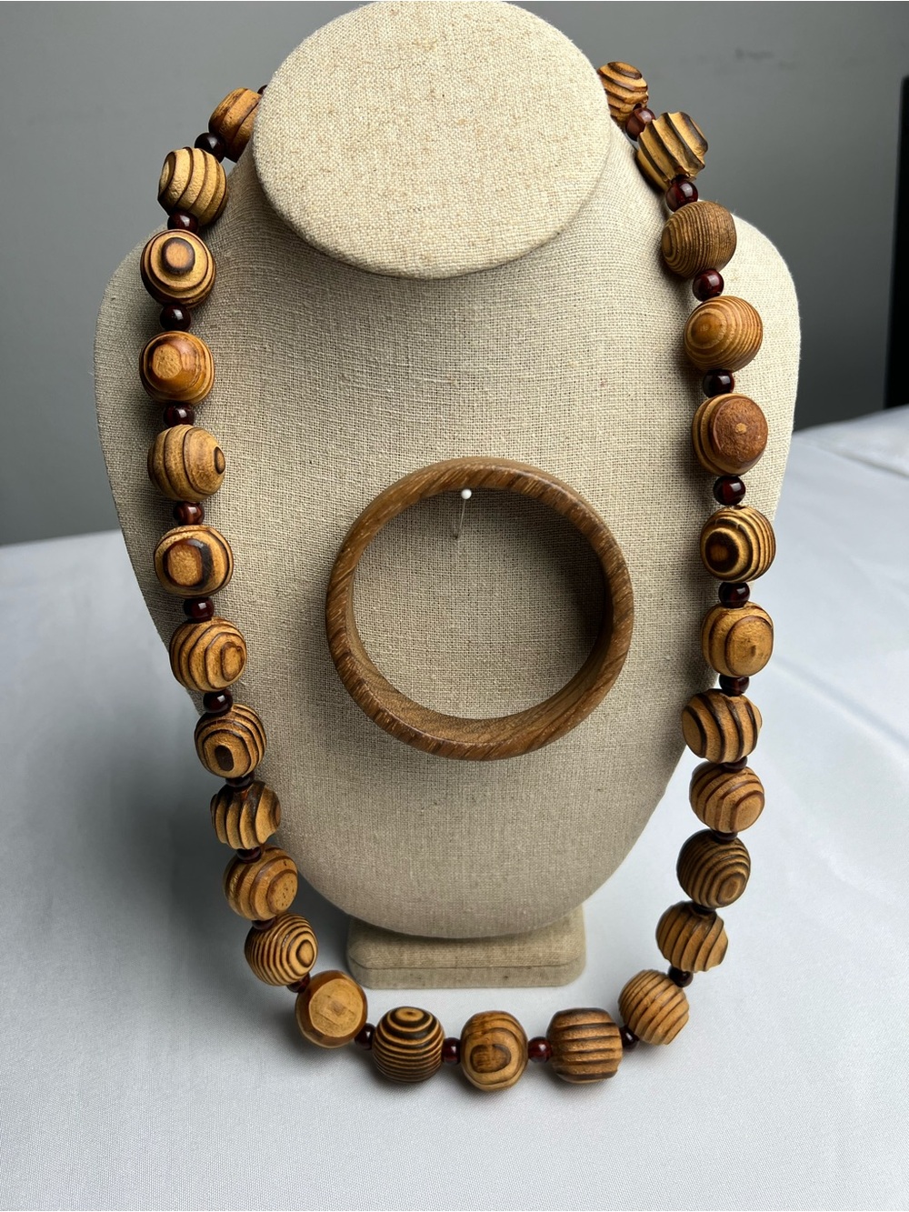 Wood Natural Carved Beaded Necklace and Wood Bracelet Fall Office Vacation Boho